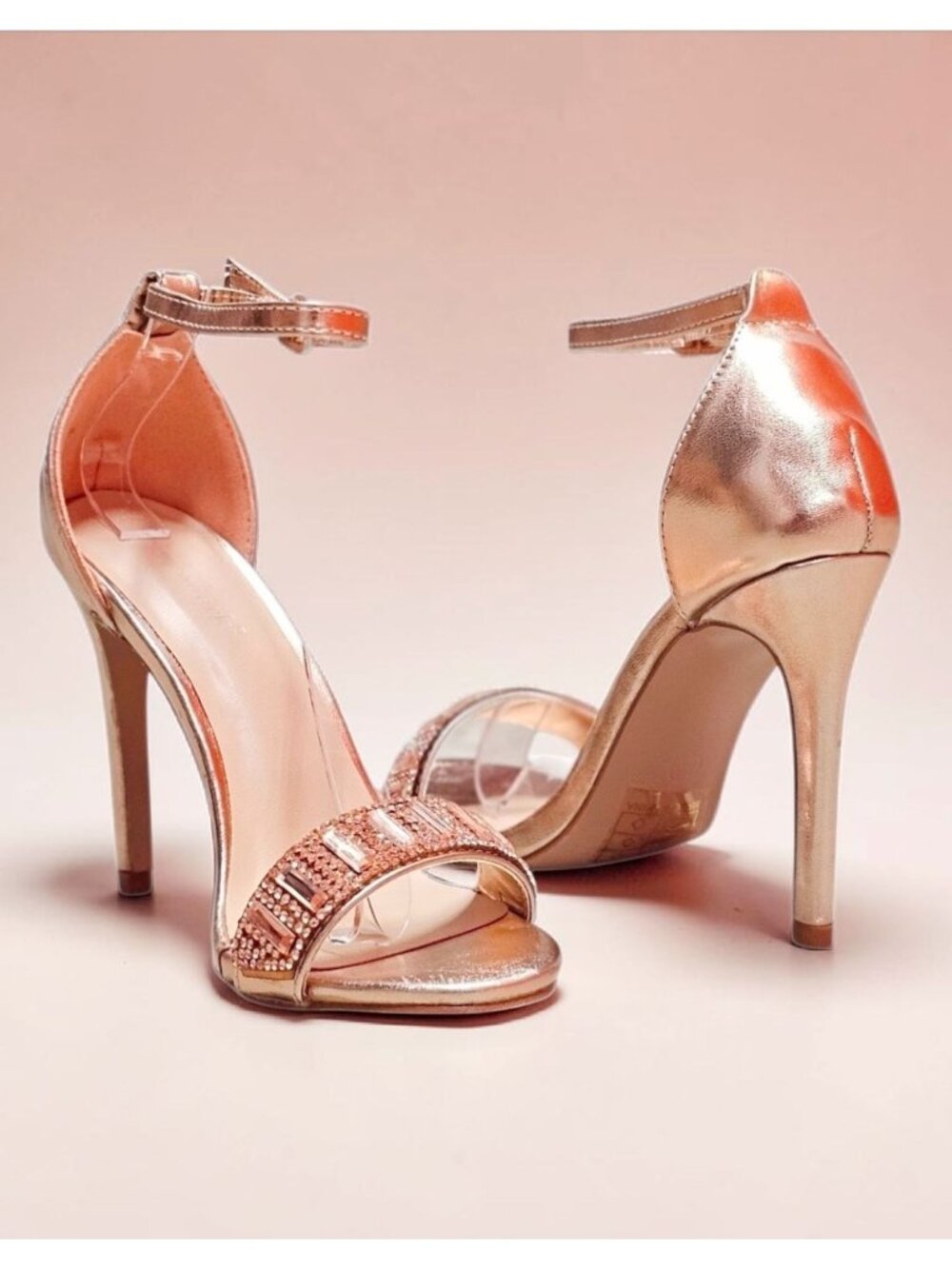 Rose Gold Ankle Strap Stiletto Heels With Rhinestone Embellished Open Toe Design